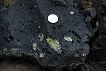 Nodule de péridotite arraché dans le manteau supérieur par le basalte en ascension dans des fissures intra-mantelliques.