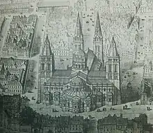 Dessin en noir en blanc d'un vaste église dans son environnement urbain.