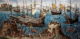 Peinture montrant plusieurs caraques entourées de chaloupes. Au premier plan, des hommes en armes se tiennent sur une digue entre deux tours équipés de canons
