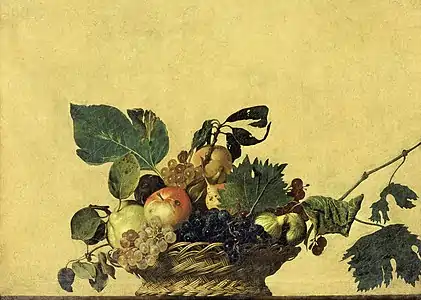 Peinture de fruits et de feuilles, certains touchés par la pourriture.