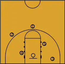 Graphique présentant les cinq postes de jeu du basket-ball.