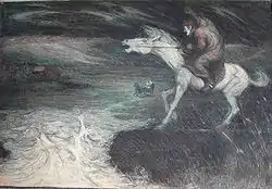 Dessin représentant un cheval blanc hennissant monté par un homme au dos courbé semblant observer une crue dévastatrice.