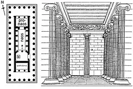 Plan et représentation du naos du temple d'Apollon à Bassae.