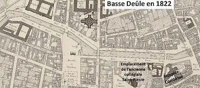 la Basse Deûle en 1822 après démolition de la collégiale Saint-Pierre en 1794 et avant construction du Palais de Justice et de la Halle aux sucres en 1835.