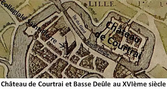 Basse Deûle et château de Courtrai vers 1550.