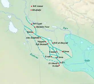 Carte de la Basse Mésopotamie représentant les cours d'eau, le relief et la localisation de plusieurs sites archéologiques.