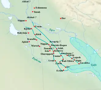 Carte en couleurs de la Basse Mésopotamie.
