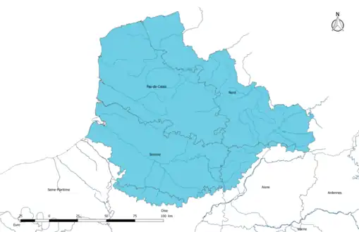 Carte du bassin Artois-Picardie avec représentation des départements et des principaux cours d'eau.