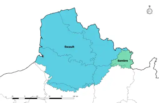 Carte du bassin Artois-Picardie avec représentation des sous-bassins administratifs. Les limites des bassin et sous-bassins sont sur cette carte les communes.