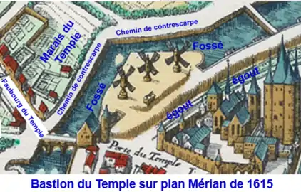 Bastion du Temple sur plan Mérian de 1615