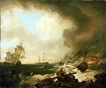 Le surlendemain de la bataille (22 novembre), avec au fond à droite, l'incendie du Héros à côté du Soleil Royal.