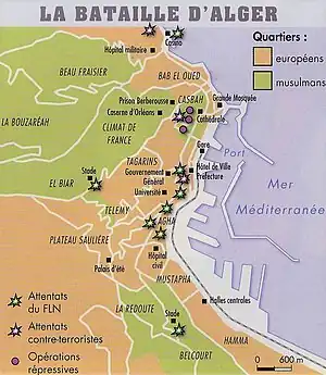 Principaux attentats du FLN, attentats des ultras européens et opérations répressives par l'armée française avant et pendant la bataille d'Alger.