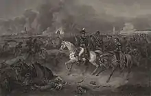 gravure noir et blanc : des officiers à cheval entourés de soldats à pied, sur fond de fumées de bataille