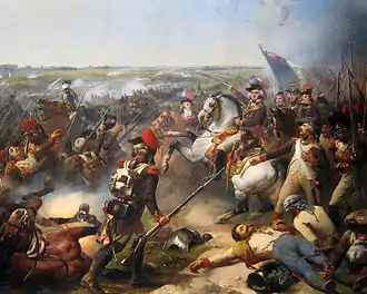 Un général, sabre haut sur son cheval cabré, au milieu de ses troupes sur un champ de bataille.