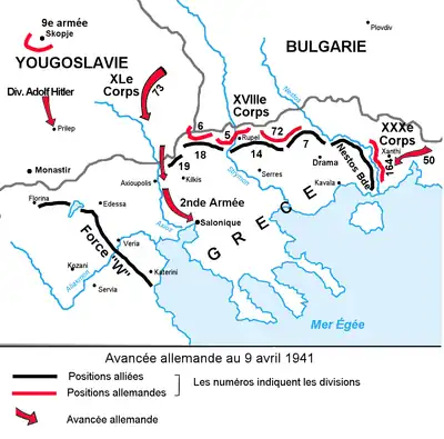 Carte centrée sur Salonique et le sud de la Yougoslavie et de la Bulgarie. Les fronts sont matérialisés, ainsi que l'offensive allemande par des flèches.