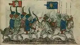 Photographie d'une miniature montrant deux groupes d'archers de cavalerie combattre.