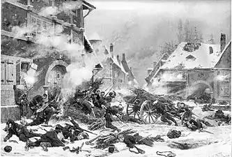 La bataille de Villersexel, soldats français assiégeant des soldats prussiens reclus dans une ferme.