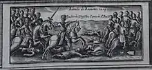 Illustration en noir et blanc d'un chevalier monté en armure menant des combattants à la poursuite d'autres soldats prenant la fuite.
