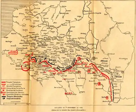 Carte montrant les positions à la fin de la bataille, la droite allemande en retrait.