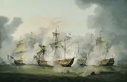 La bataille de la Dominique, le 17 avril 1780. Le Robuste fait campagne deux ans aux Antilles et en Amérique du Nord.(Tableau de Thomas Luny)