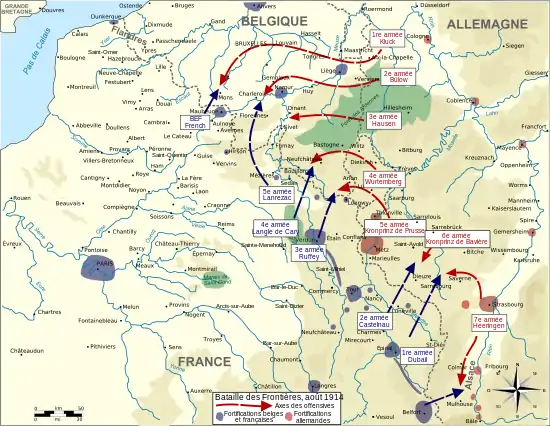 Carte montrant par des flèches les armées allemandes et françaises se fonçant droit dessus.
