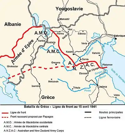 Carte du Nord-est de la Grèce, avec les frontières avec l'Albanie et la Yougoslavie. Les lignes de front sont matérialisées.