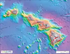 Carte bathymétrique et topographique de l'archipel d'Hawaï né du point chaud d'Hawaï.