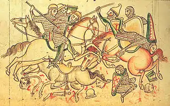 Miniature ancienne représentant une bataille entre plusieurs cavaliers en armes.
