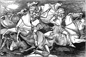 Castor et Pollux à la bataille du lac Régille.Gravure tirée du recueil de poèmes The Lays of Ancient Rome de John Reinhard Weguelin, 1880.