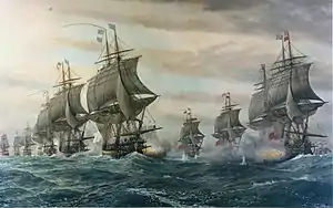 Une peinture américaine contemporaine représentant le Ville-de-Paris à la bataille de la baie de Chesapeake en 1781.