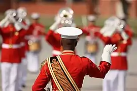 USMC Master Gunnery Sgt. leads the United States Marine Drum and Bugle Corps during a Battle Colors Ceremony