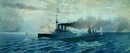 tableau : un navire de guerre à vapeur en mer