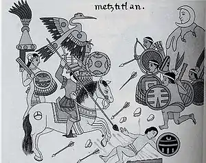 Gravure représentant des guerriers aztèques combattant des européens à cheval