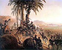 Des soldats à l'assaut d'une colline défendue par des Noirs.