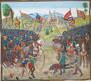 Enluminure représentant sur la gauche l'armée de Pierre Ier de Castille et le Prince noir, à droite celle de Henri de Trastamare et Bertrand Du Guesclin.