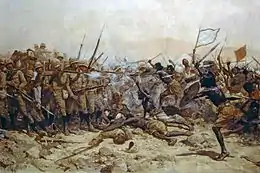 Guerre des Mahdistes, bataille d'Abu Klea (17 janvier 1885) : 13 000 fuzzy-wuzzies attaquent la colonne du major-general Herbert Stewart (en), 1 400 hommes envoyée à l'aide de Charles Gordon assiégé dans Khartoum. Les Britanniques ont formé leur carré d'infanterie, mais la furie de l'assaut est telle qu'il sera brièvement enfoncé. Noter à gauche la calme du sergent (d'âge mûr, armé d'un Martini-Henri court avec sabre-baïonnette) qui, bien qu'atteint à la cuisse gauche, actionne posément son levier de sous-garde en surveillant sa ligne de front, alors qu'à terre un de ses jeunes soldats lutte au corps à corps avec un dervish. Dans l'air chargé de poussière, les Martini-Henri longs (avec baïonnettes droites) des troupiers répondent aux lances et poignards des guerriers mahdistes déchaînés, et feront plus de 1 000 morts chez ces derniers (contre une centaine chez les Britanniques). Rudyard Kipling, dans The Light that Failed, décrit la bataille vue « de l'intérieur » par un correspondant de guerre anglais.