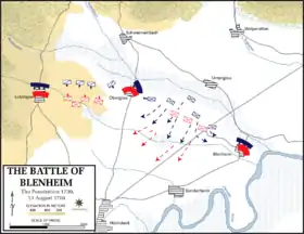 Une carte comportant des flèches et des traits en pointillés, ces derniers montrant les mouvements des unités militaires