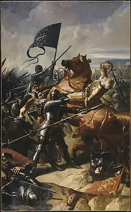Dans une mêlée confuse, un cavalier blessé par une lance sur son cheval se cabrant
