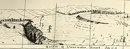 Dessin en noir et blanc représentant un plateau traversé par des ravines et sur lequel figurent les mouvements des belligérants.