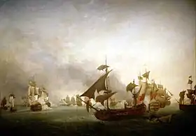 La bataille de la Grenade, le 6 juillet 1779. Le Robuste fait partie des vaisseaux envoyés en 1779 en renfort aux Antilles. (Tableau de Jean-François Hue)