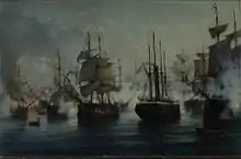 tableau ancien : combat naval entre navires à voiles