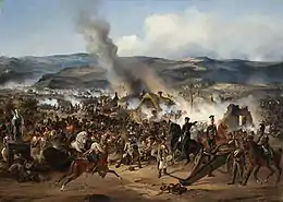  Peinture à l'huile représentant la Bataille de Kulm. Une épaisse fumée se dégage du champ de bataille, un officier à cheval donne des ordres