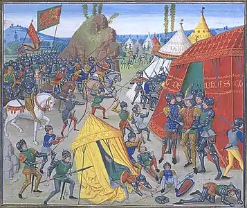 Charles de Blois, duc de Bretagne, est fait prisonnier pendant la bataille de la Roche-Derrien (1347). Miniature des Chroniques de Froissart, Paris, BnF.