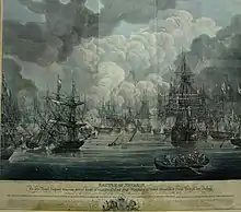  Gravure du XIXe siècle en couleurs : bataille navale