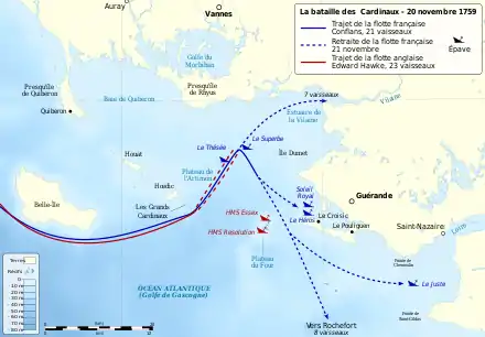 La fuite de l'escadre française après la bataille des Cardinaux. Le Robuste fait partie des sept vaisseaux qui se réfugient dans la Vilaine.