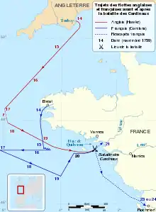 Carte montrant les côtes bretonnes avec des pointillés indiquant des trajets de navires.