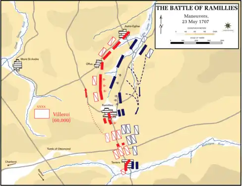 La cavalerie alliée (rectangles barrés bleus) vient au contact de la cavalerie française (rectangles barrés rouges). Trompé par l'attaque alliée contre Offus et Autre-Église, Villeroy dégarnit son aile droite.