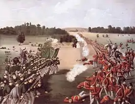 Illustration en couleurs d'une bataille militaire dans une plaine, les militaires du côté gauche portant des uniformes verts et ceux du côté droit des uniformes rouges