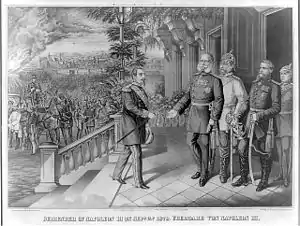 Napoléon III remettant son épée au roi de Prusse Guillaume Ier (Gravure américaine anonyme de 1871).