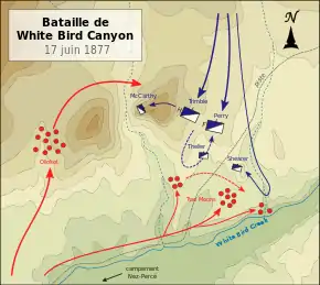Carte topographique indiquant en couleurs les positions des belligérants.